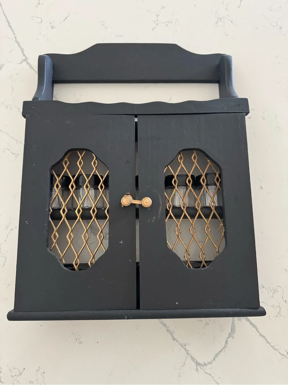 Black Wall-Mount Spice Cabinet with Gold Accent Door Grill